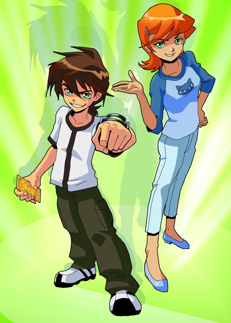 1girl :d ben_10 benjamin_kirby_tennyson brown_hair clenched_hand full_body green_background grin gwendolyn_tennyson hand_on_hip koutei_penko looking_at_viewer open_mouth orange_hair pants raglan_sleeves shirt shoes simple_background smile sneakers standing t-shirt teeth