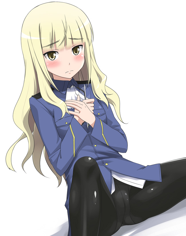 bad_id bad_pixiv_id blonde_hair blush crotch_seam eyewear_removed glasses holding holding_eyewear long_hair military military_uniform pantyhose perrine_h_clostermann solo strike_witches uniform world_witches_series yellow_eyes youkan