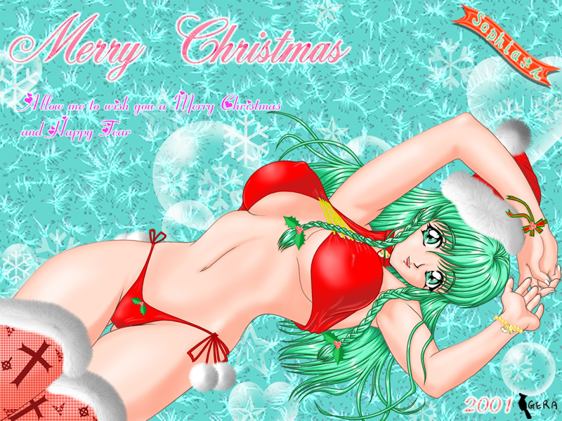 2001 alternate_hairstyle bikini braid christmas gera-ha_(metio) green_eyes green_hair hat long_hair lying merry_christmas santa_hat signature solo swimsuit tatebayashi_miharu thighhighs tokimeki_memorial tokimeki_memorial_1 twin_braids