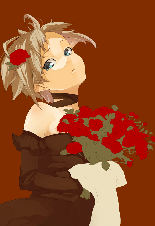 bad_id bad_pixiv_id bare_shoulders blonde_hair blue_eyes bouquet choker copyright_request dress elbow_gloves flower gloves koba red_flower red_rose rose short_hair solo