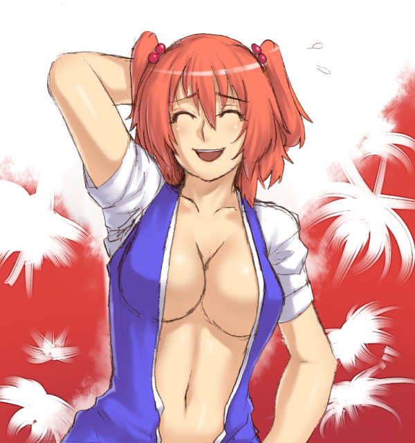 ^_^ arm_behind_head breasts cleavage closed_eyes houtengeki large_breasts navel no_bra onozuka_komachi open_clothes open_shirt red_hair shirt short_hair sketch smile solo touhou