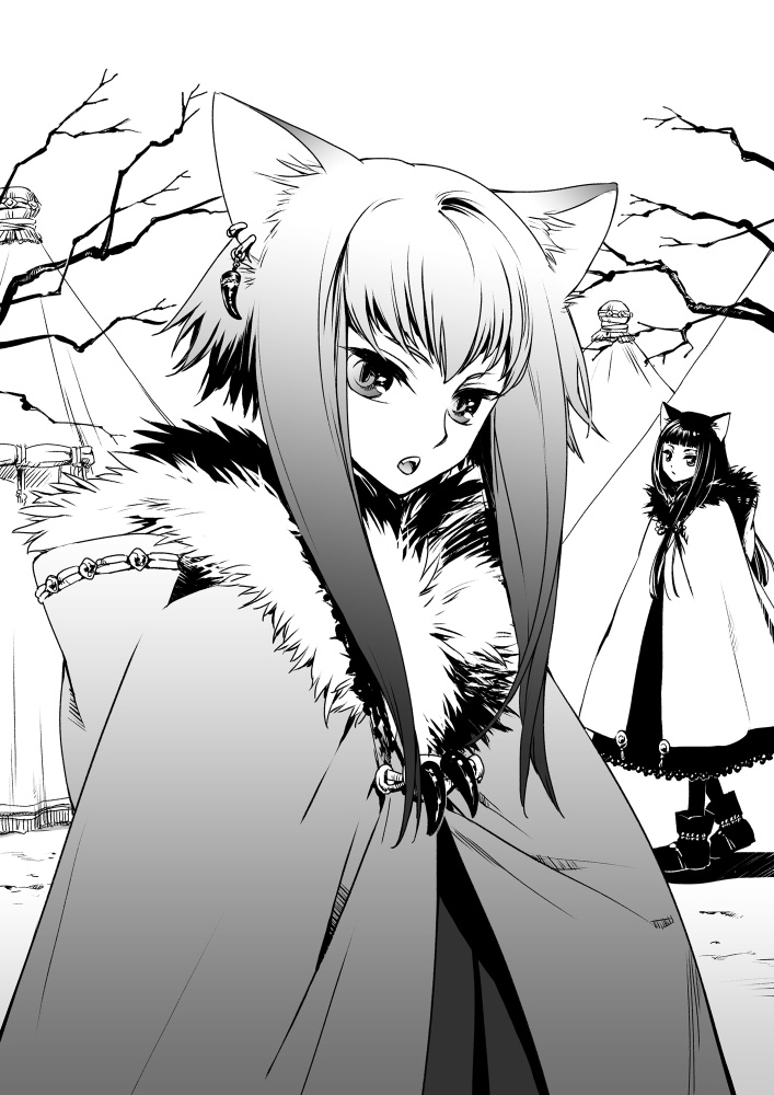 animal_ears ashi coat greyscale long_hair looking_at_viewer monochrome multiple_girls open_mouth original overcoat