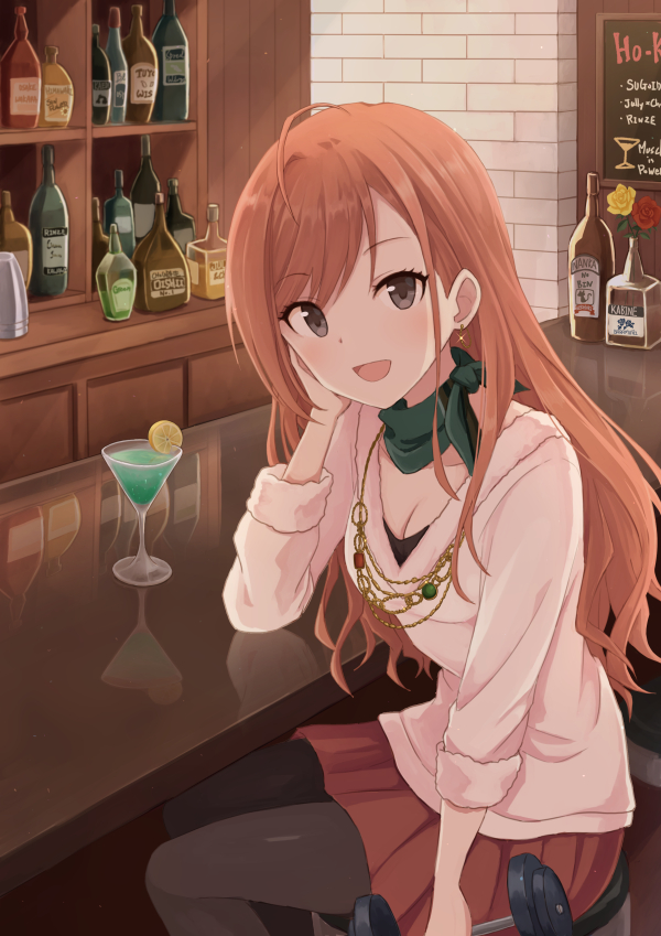 1girl :d ahoge alcohol arisugawa_natsuha bar black_eyes black_legwear black_shirt bottle breasts brick_wall brown_hair brown_skirt cheek_rest cleavage cocktail_glass collarbone commentary_request counter cup drink drinking_glass dumbbell earrings flower food fruit fur_trim glint hand_up holding idolmaster idolmaster_shiny_colors indoors jewelry kerchief lemon lemon_slice long_hair long_sleeves looking_at_viewer miniskirt mugi_(banban53) necklace open_mouth pantyhose pleated_skirt reflection rose shirt sidelocks sign sitting skirt small_breasts smile solo undershirt white_shirt