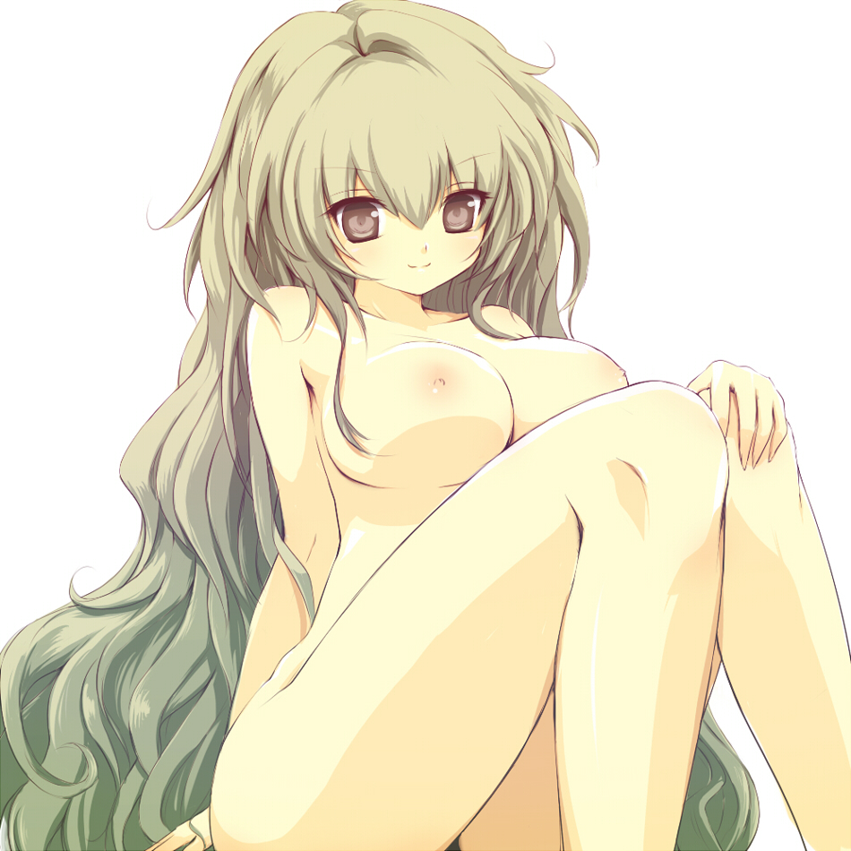 breasts brown_eyes brown_hair large_breasts long_hair nipples nude original sitting solo takunama very_long_hair