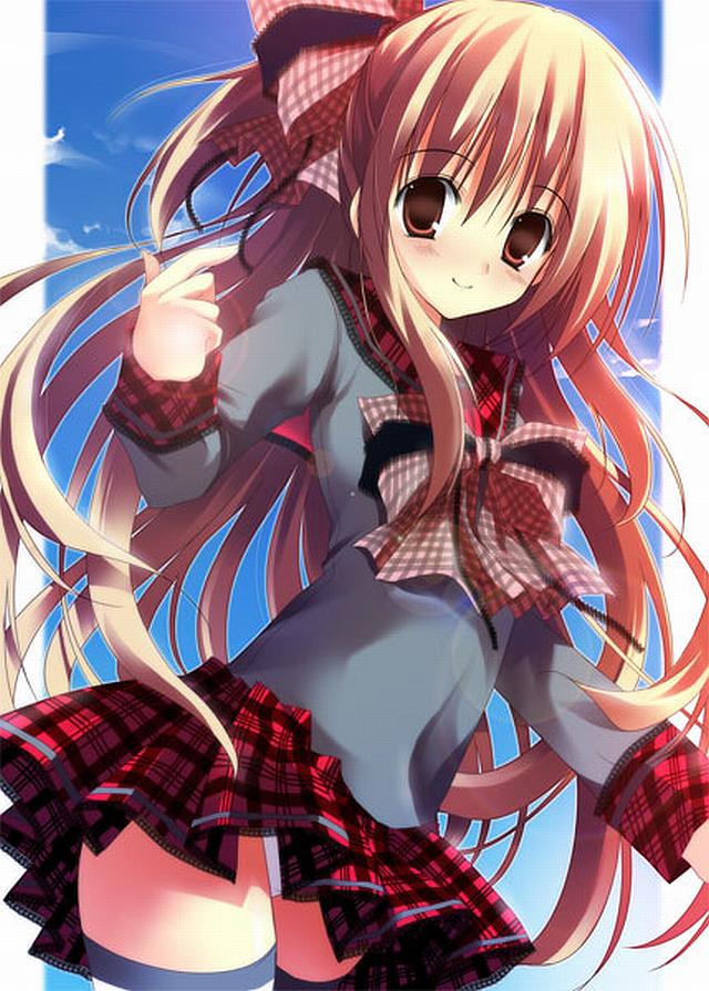 blonde_hair bow brown_eyes copyright_request cowboy_shot hair_ribbon long_hair looking_at_viewer lossy-lossless natsuki_coco non-web_source panties pantyshot pantyshot_(standing) plaid plaid_bow plaid_skirt ribbon school_uniform serafuku skirt sky solo standing striped striped_legwear thighhighs underwear