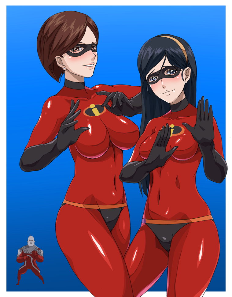 2girls bad_id bad_pixiv_id bodysuit breasts elastigirl elbow_gloves gloves helen_parr impossible_clothes impossible_shirt jaga_note large_breasts latex latex_gloves mask medium_breasts mother_and_daughter multiple_girls shiny shiny_clothes shirt skin_tight the_incredibles ultra_series ultra_seven ultra_seven_(series) violet_parr
