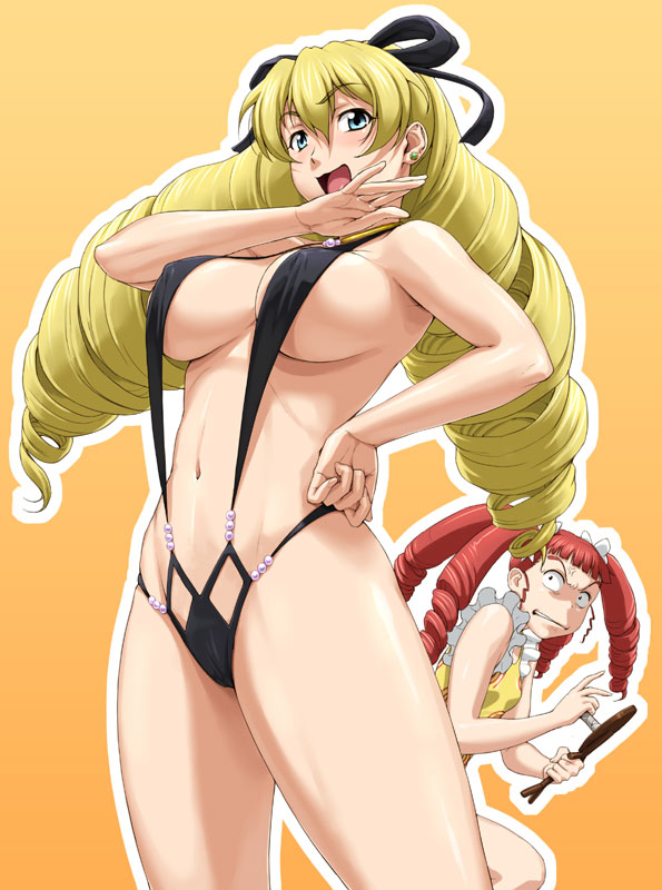 angry blonde_hair blue_eyes breasts covered_nipples drill_hair large_breasts legs long_hair multiple_girls my-otome nigou ojou-sama_pose red_hair rosalie_claudel shiho_huit sideboob slingshot_swimsuit swimsuit thighs twin_drills twintails