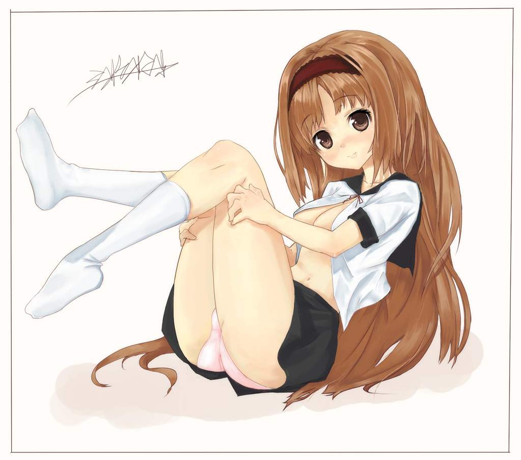 breasts brown_eyes brown_hair cleavage copyright_request hairband long_hair open_clothes open_shirt panties shirt skirt small_breasts socks solo tomono underwear