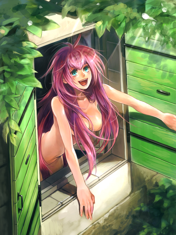 :d breasts convenient_censoring fangs from_outside green_eyes hair_censor hair_over_breasts large_breasts leaf long_hair nude open_mouth original pink_hair piyo smile solo window