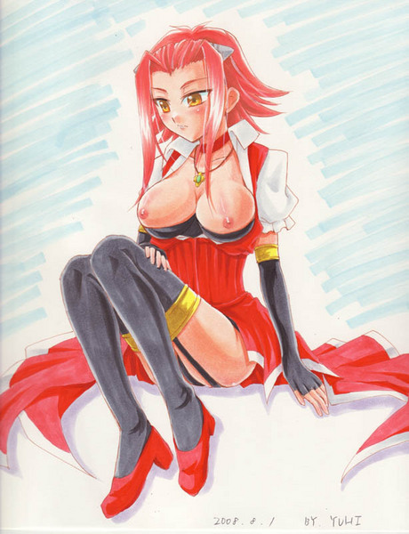 artist_request breasts elbow_gloves gloves izayoi_aki large_breasts red_hair short_hair solo thighhighs yellow_eyes yuu-gi-ou yuu-gi-ou_5d's