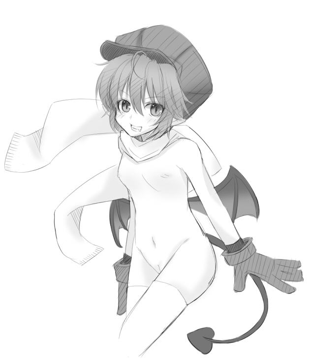 gloves greyscale hat monochrome rukia_moon scarf shinrabanshou solo tail wings yoshida_(rodeo)