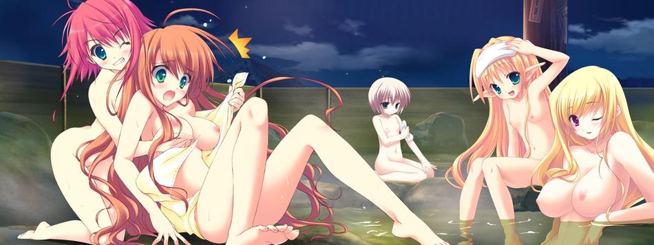 5girls barefoot breasts flat_chest multiple_girls pointy_ears smile spa water wink