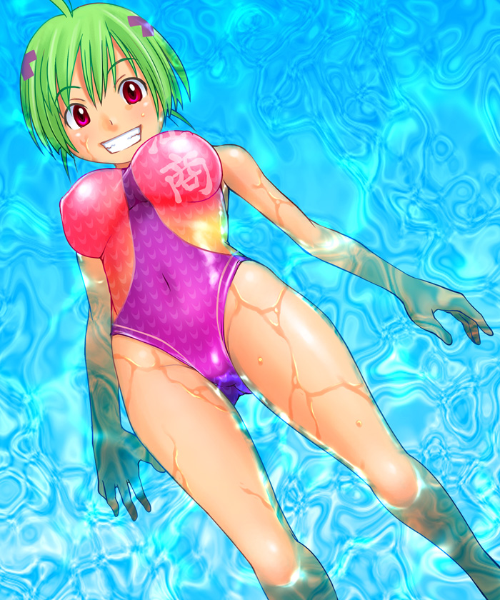 ahoge breasts competition_swimsuit covered_nipples green_hair hair_ornament houman kenkou_zenrakei_suieibu_umishou large_breasts ninagawa_amuro one-piece_swimsuit purple_eyes short_hair solo swimsuit water x_hair_ornament