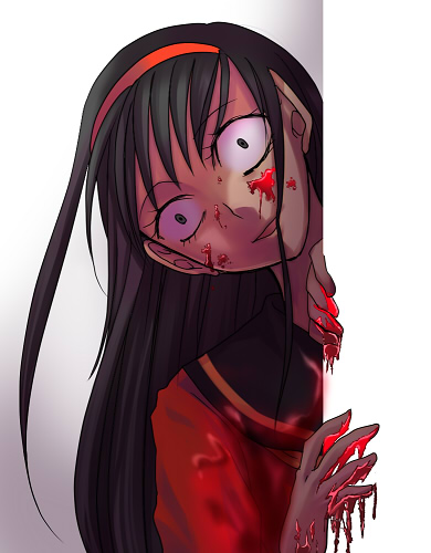 amagi_yukiko black_hair blood blood_on_face bloody_hands constricted_pupils crazy_eyes hairband horror_(theme) long_hair lowres non-web_source open_mouth peeking_out persona persona_4 simple_background solo yandere