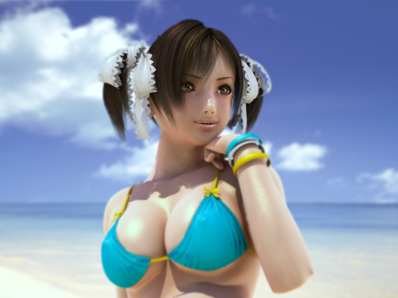 3d beach bikini_top bracelet breasts brown_eyes brown_hair cloud clouds hair_ribbon incise_soul jewelry m-rs ocean pigtails ribbon short_twintails sky twintails
