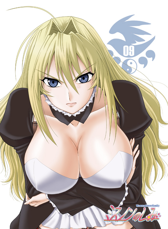 blonde_hair blue_eyes breast_hold breasts cleavage large_breasts long_hair misnon_the_great sekirei solo tsukiumi