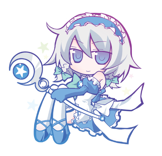 angeltype blue_eyes chibi hairband izayoi_sakuya magical_girl ribbon short_hair silver_hair solo star thighhighs touhou wand