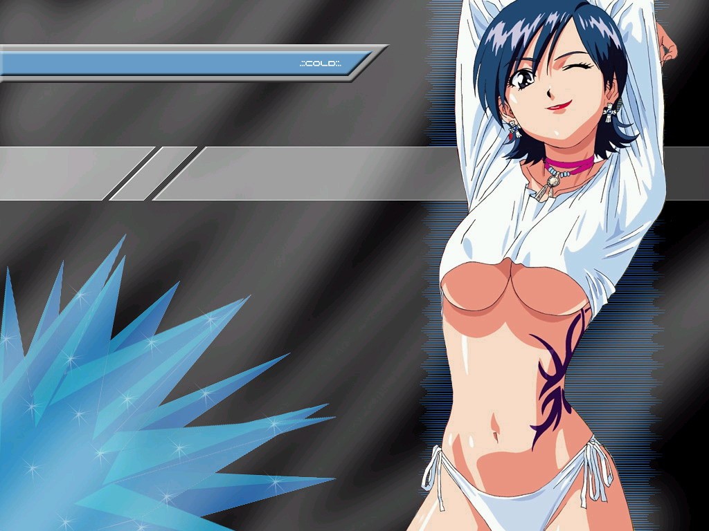 arms_up blue_hair breasts earrings jewelry large_breasts lipstick makeup miki_(viper) necklace no_bra one_eye_closed panties shirt short_hair side-tie_panties smile solo stretch tattoo underboob underwear viper viper_ctr viper_v10 wallpaper white_panties
