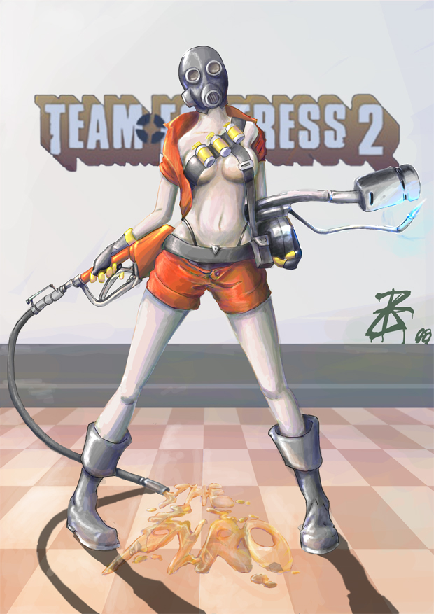 boots breasts flamethrower gas_mask genderswap gloves medium_breasts open_clothes open_shirt shirt solo team_fortress_2 the_pyro underboob weapon