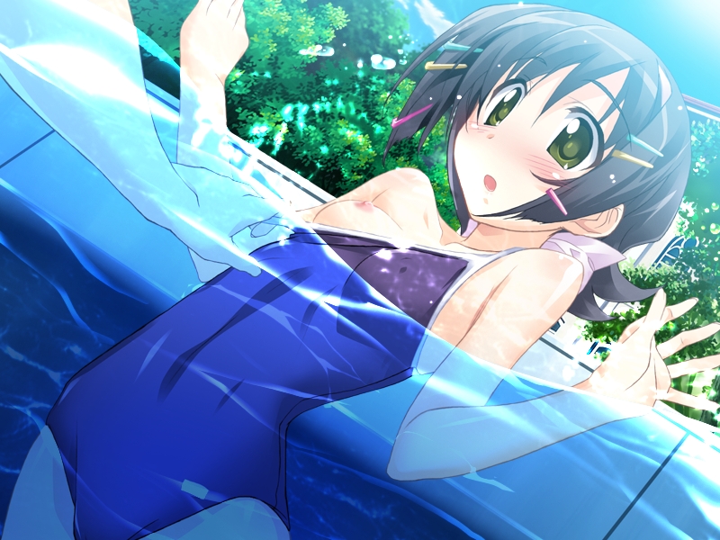 assisted_exposure black_hair breasts game_cg green_eyes hitoyume kurashima_tomoyasu nipple_slip nipples non-web_source one-piece_swimsuit one_breast_out out_of_frame partially_submerged pulled_by_another school_swimsuit short_hair small_breasts solo_focus swimsuit swimsuit_pull takadera_mari