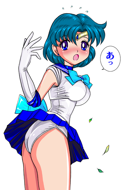 back_bow bishoujo_senshi_sailor_moon blue_choker blue_eyes blue_hair blue_sailor_collar blue_skirt blush bow choker earrings elbow_gloves gloves jewelry magical_girl mizuno_ami open_mouth panties pirochi sailor_collar sailor_mercury sailor_senshi_uniform short_hair skirt solo surprised tiara underwear v white_gloves wind wind_lift