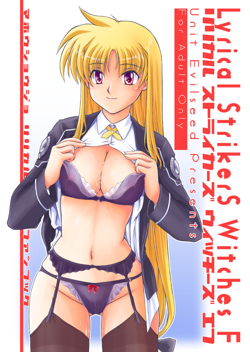 akusyu_0.5_second blonde_hair bra breasts cleavage cum cum_on_body cum_on_breasts cum_on_upper_body fate_testarossa garter_belt large_breasts lingerie lyrical_nanoha mahou_shoujo_lyrical_nanoha_strikers no_pants open_clothes open_shirt panties red_eyes shirt solo thighhighs underwear