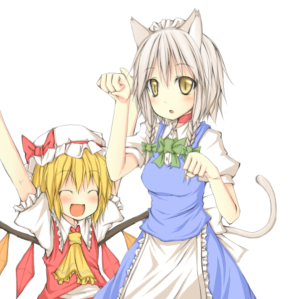 :d \o/ ^_^ alternate_eye_color animal_ears arms_up blonde_hair blush cat_ears closed_eyes flandre_scarlet hairband hat izayoi_sakuya kemonomimi_mode maid multiple_girls natsuk open_mouth outstretched_arms paw_pose ribbon silver_hair smile tail touhou wings yellow_eyes