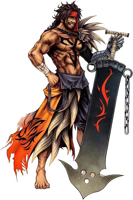 1boy barefoot beard brown_hair dissidia_final_fantasy facial_hair final_fantasy final_fantasy_x full_body hand_on_hip headband hips jecht male male_focus muscle scar smile solo standing sword topless torn_clothes weapon
