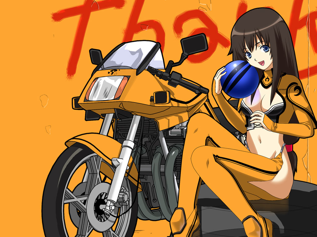 artist_request blue_eyes breasts cleavage copyright_request ground_vehicle medium_breasts midriff motor_vehicle motorcycle navel smile solo