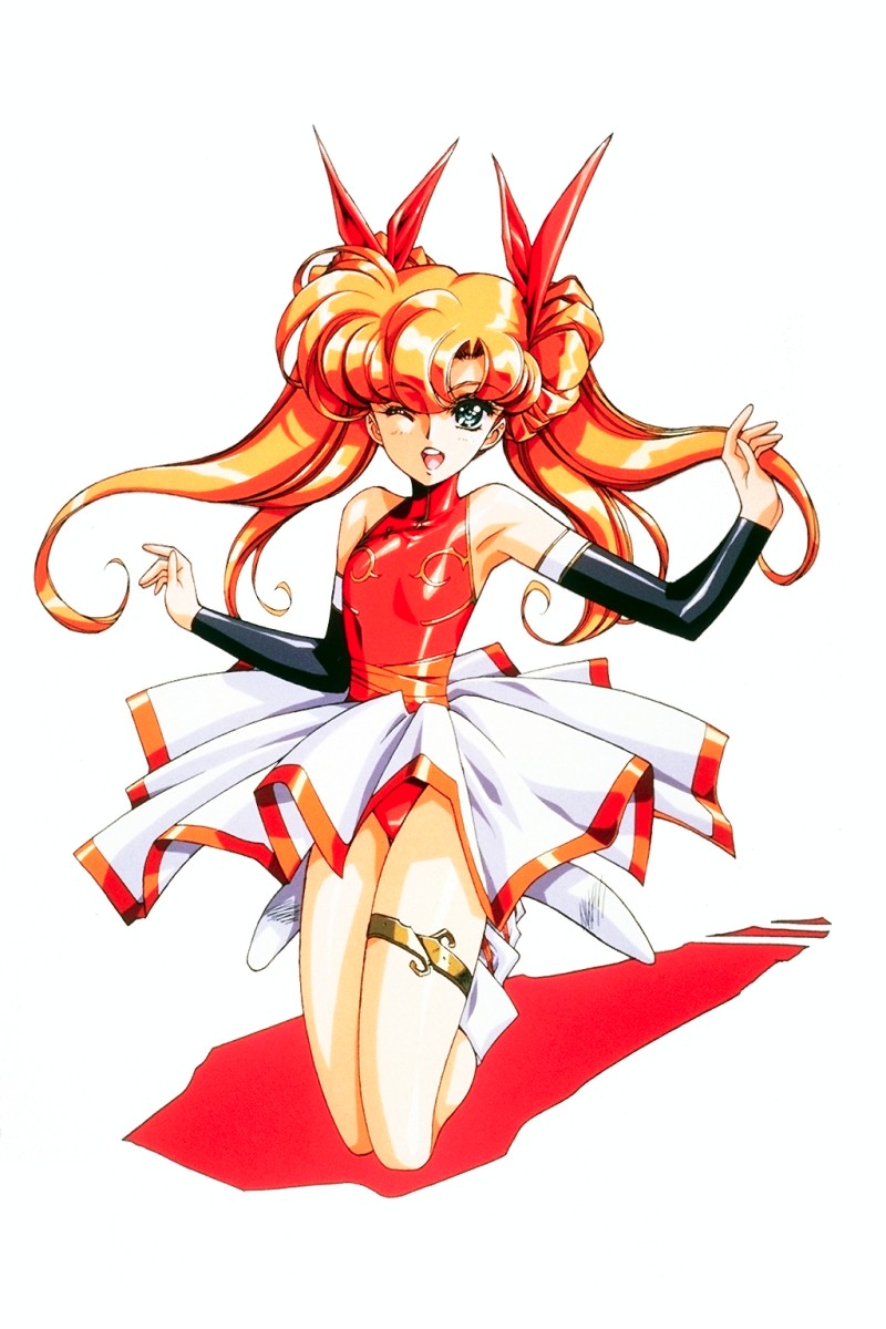 90s ;d armpits bangs bare_shoulders blue_eyes blush boots detached_sleeves double_bun flat_chest full_body hair_ribbon halterneck highres jumping langrisser langrisser_iii leotard long_hair miniskirt official_art one_eye_closed open_mouth orange_hair outstretched_arms parted_bangs pleated_skirt red_leotard ribbon sash shadow shiny shiny_clothes simple_background skirt slender_waist smile solo spread_arms thigh_strap tiaris_(langrisser) turtleneck twintails upskirt urushihara_satoshi white_background