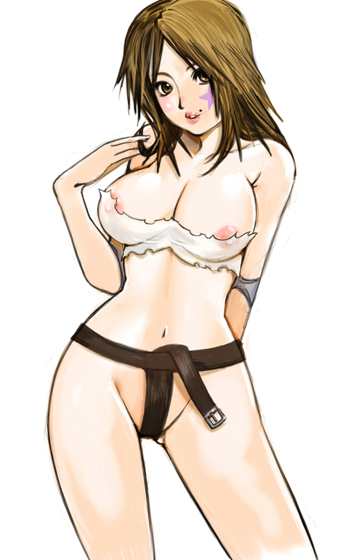 belt breasts brown_eyes brown_hair elbow_pads fundoshi japanese_clothes kazaana large_breasts mole mole_above_mouth navel nipples original see-through solo torn_clothes