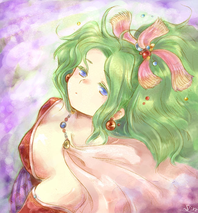 bad_id bad_pixiv_id blue_eyes bow breasts cape cleavage earrings final_fantasy final_fantasy_vi green_hair jewelry large_breasts long_hair pink_bow solo tina_branford