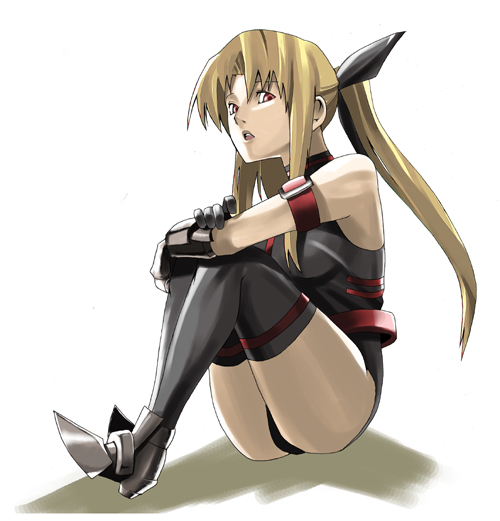 :o arm_strap armor armpits bad_id bad_pixiv_id bangs bare_shoulders belt blonde_hair breasts buckle crossed_arms fate_testarossa from_side full_body garters gloves greaves hair_ribbon halterneck knees_up leg_hug leotard long_hair looking_at_viewer loose_belt lyrical_nanoha magical_girl mahou_shoujo_lyrical_nanoha mahou_shoujo_lyrical_nanoha_a's medium_breasts open_mouth parted_bangs red_eyes retayaki ribbon shadow sidelocks simple_background sitting solo thigh_strap thighhighs thighs turtleneck twintails vambraces white_background