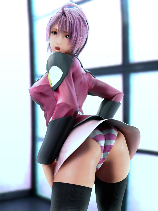 3d ass black_legwear breasts covered_nipples gundam gundam_seed gundam_seed_destiny incise_soul large_breasts lunamaria_hawke m-rs miniskirt open_mouth panties pink_hair pink_skirt skirt solo striped striped_panties thighhighs underwear upskirt