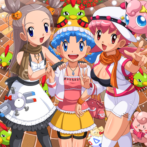 adapted_costume akane_(pokemon) bike_shorts blue_eyes blue_hair bow breasts brown_hair cleavage clefairy crystal_(pokemon) duplicate eyelashes gen_1_pokemon gen_2_pokemon gym_leader hat jigglypuff lowres magnemite medium_breasts mikan_(pokemon) multiple_girls natu open_clothes open_shirt pantyhose pink_hair pokemoa pokemon pokemon_(creature) pokemon_(game) pokemon_gsc red_eyes scarf shirt short_twintails skirt small_breasts thighhighs togepi twintails two_side_up unown