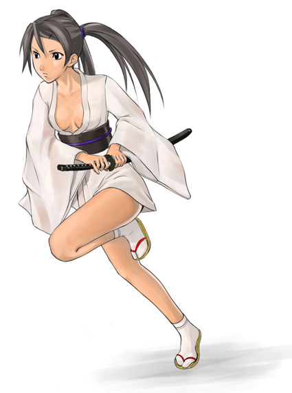 breasts cleavage japanese_clothes katana kimono legs medium_breasts obi oboro_(squeeze) original running sash short_kimono solo sword tabi twintails weapon zouri