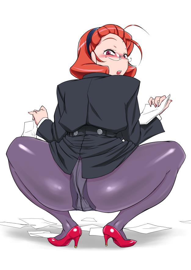 ass copyright_request crotch_seam formal from_behind glasses high_heels jacket konmori_(kinbou_sokai) looking_back office_lady panties panties_under_pantyhose pantyhose pencil_skirt red_hair shoes skirt skirt_suit solo spread_legs squatting suit underwear