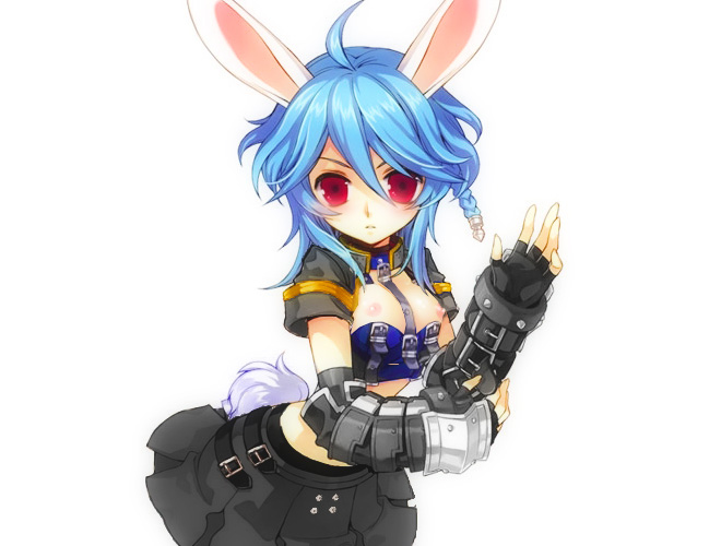 animal_ears blue_hair breasts bunny_(trickster) bunny_ears bunny_tail fingerless_gloves gloves medium_breasts nipples recolor red_eyes skirt solo tail third-party_edit trickster