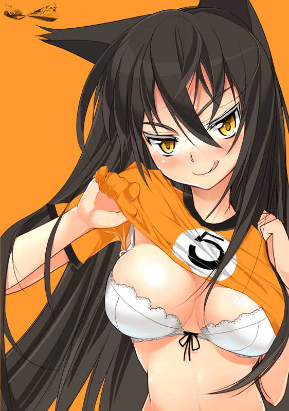 animal_ears bad_id bad_pixiv_id black_hair blush bra breasts cat_ears char cleavage face large_breasts lingerie long_hair naughty_face original shirt_lift solo tongue underwear yellow_eyes