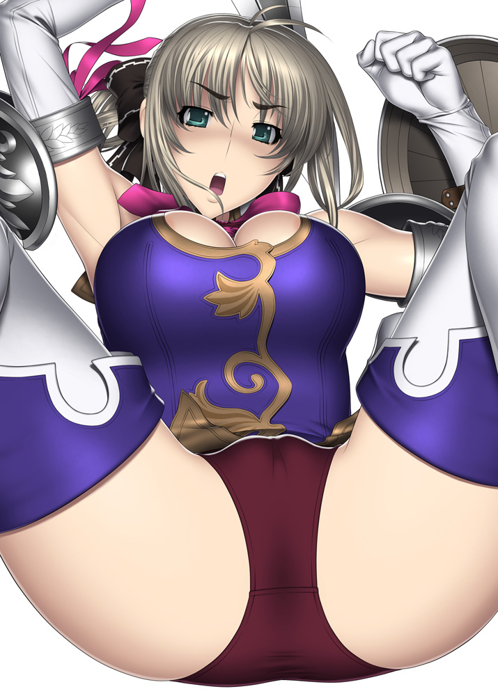 aqua_eyes armpits arms_up blonde_hair bow breasts cameltoe cassandra_alexandra cleavage gloves hair_bow kansuke large_breasts legs leotard open_mouth panties ponytail shield shoulder_pads solo soulcalibur spread_legs sword thighhighs thighs underwear weapon wet wet_clothes wet_panties