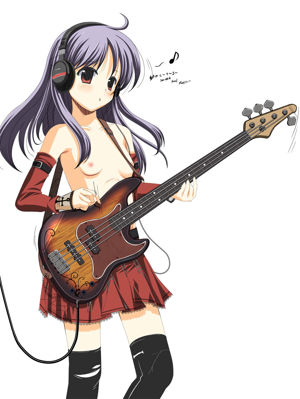 bass_guitar breasts detached_sleeves eighth_note elbow_gloves gloves headphones highres instrument kazumasa long_hair musical_note nipples original purple_hair red_eyes skirt small_breasts solo thighhighs topless zettai_ryouiki