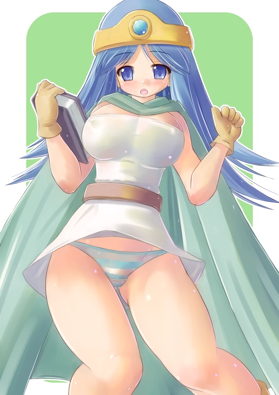 blue_eyes blue_hair blush book breasts cape circlet dragon_quest dragon_quest_iii gloves huge_breasts kourourin long_hair panties sage_(dq3) skirt skirt_lift solo striped striped_panties underwear