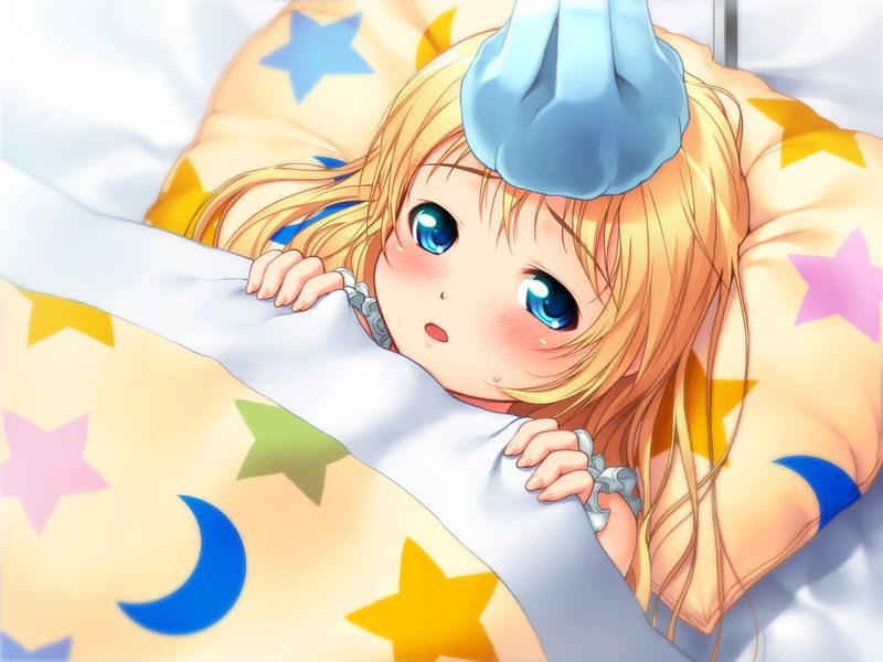 1girl bed blonde_hair blue_eyes blush face fingernails ice looking_at_viewer lying nitroplus on_back on_bed pillow sick solo sumaga under_covers