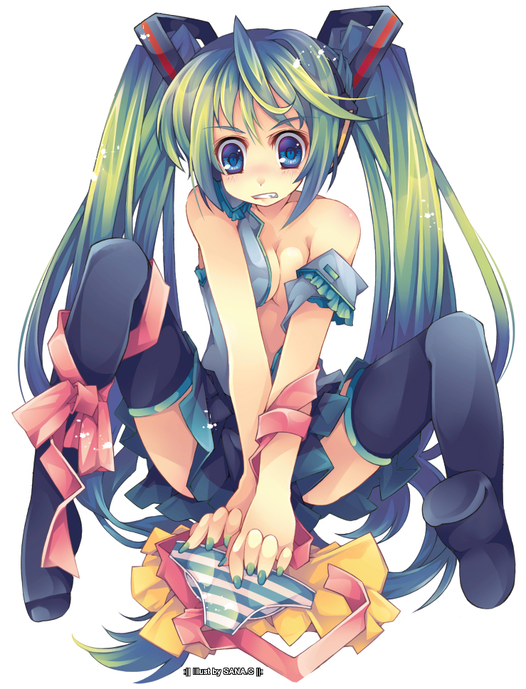 bad_id bad_pixiv_id blue_eyes breasts cleavage green_hair hatsune_miku long_hair panties ribbon sana.c skirt small_breasts solo striped striped_panties thighhighs twintails underwear vocaloid wardrobe_malfunction