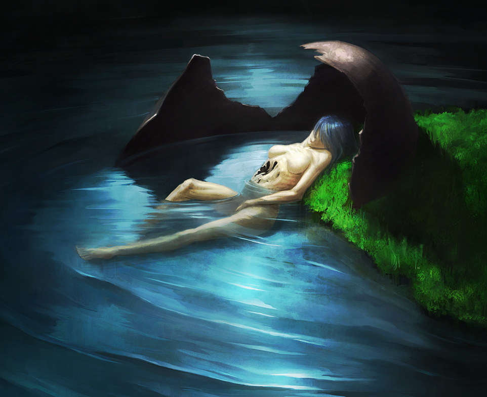 barefoot blue_hair breasts copyright_request corpse eggshell medium_breasts nude ribs ripples shuichi_wada solo water