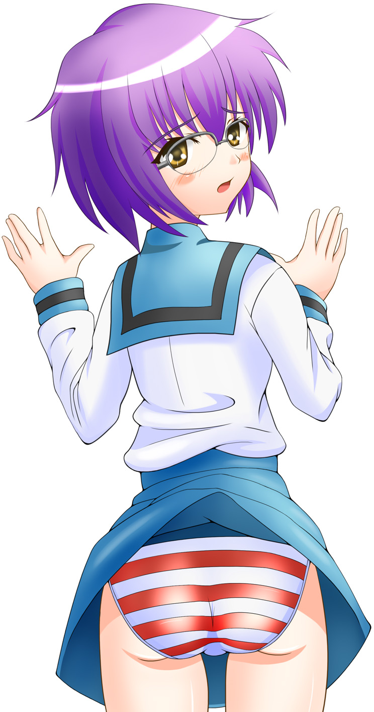 ass bad_id bad_pixiv_id bangs blue_sailor_collar blush fenrir_(pixiv112358) glasses highres kita_high_school_uniform looking_back nagato_yuki panties purple_hair sailor_collar school_uniform serafuku short_hair skirt skirt_lift solo striped striped_panties suzumiya_haruhi_no_yuuutsu underwear yellow_eyes