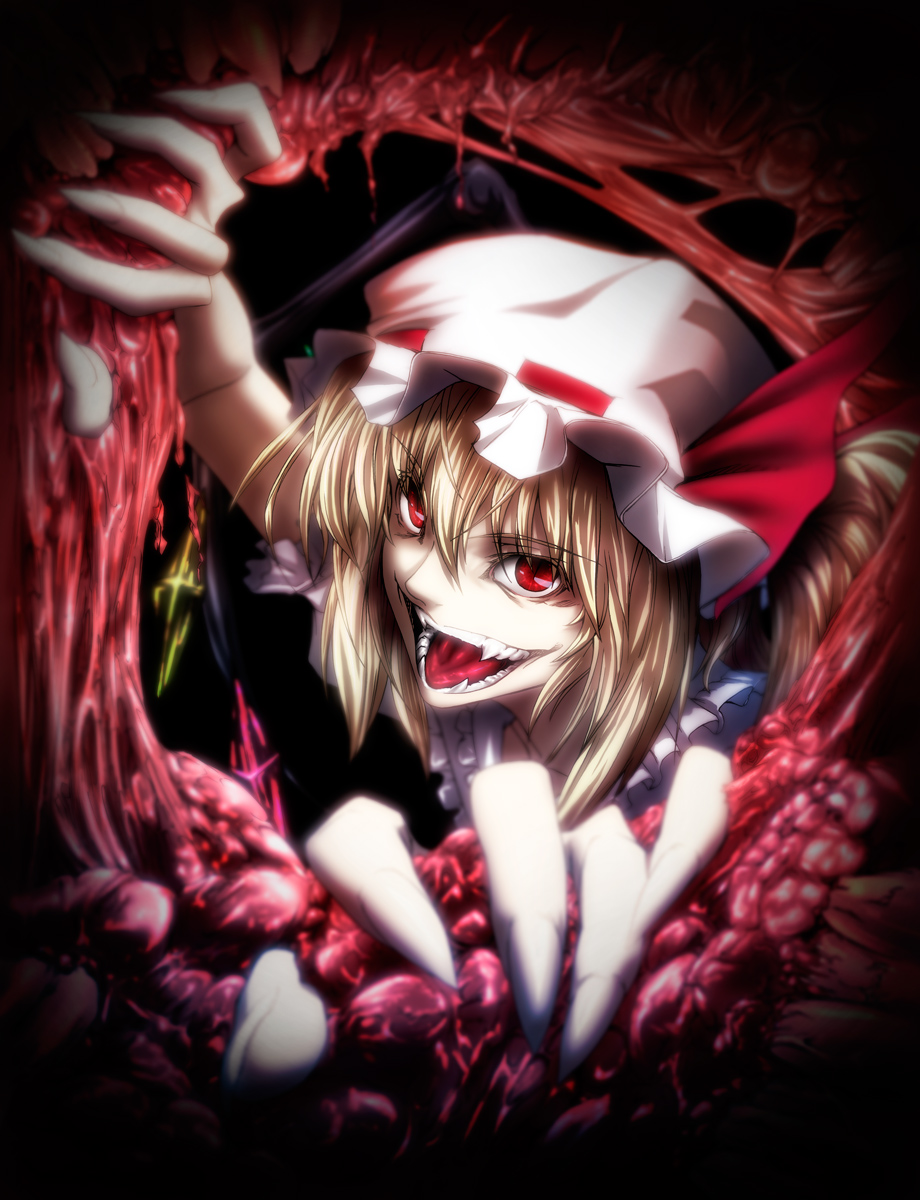 bad_id bad_pixiv_id blonde_hair blood claws face fangs fingernails flandre_scarlet guro highres imizu_(nitro_unknown) intestines solo teeth touhou vampire