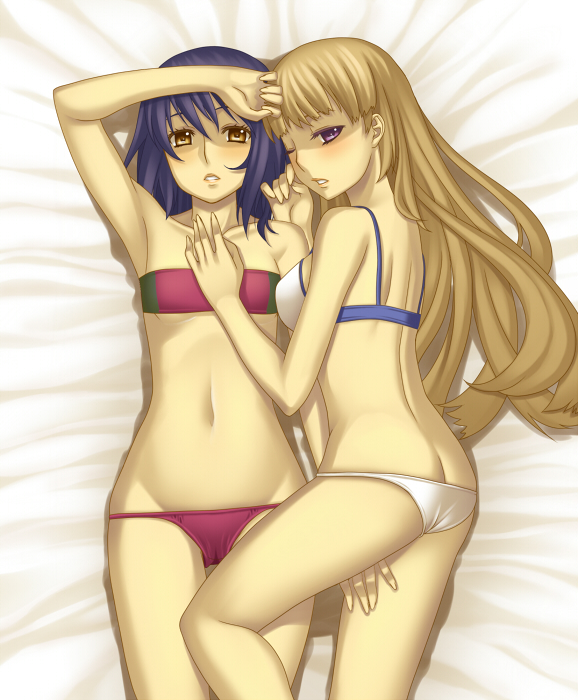 ar_tonelico ar_tonelico_ii arm_up armpits ass back bandeau bangs bed_sheet between_thighs bikini blonde_hair blue_hair blush butt_crack chroche_latel_pastalie cowboy_shot fingernails flat_ass flat_chest from_above groin hair_between_eyes hand_on_another's_chest hand_on_thigh long_fingernails long_hair looking_at_viewer looking_back lowleg lowleg_bikini luca_truelywaath lying multiple_girls navel on_back on_side one_eye_closed orange_eyes parted_lips profile purple_eyes short_hair swimsuit terumii wide_hips yuri