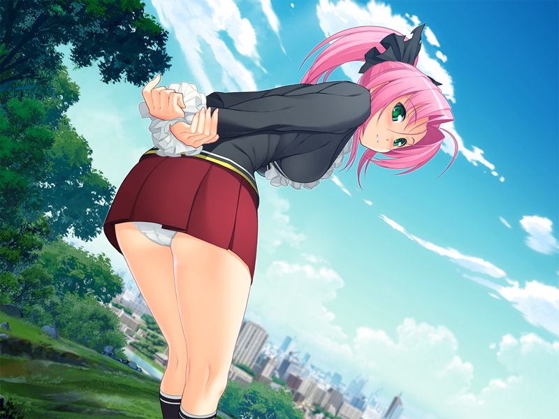 1girl blush footwear game_cg green_eyes nitroplus panties pink_hair sky socks solo spica sumaga underwear white_panties