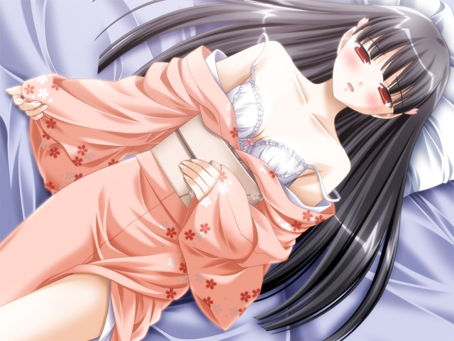 ayukawa_sanae bare_shoulders bed black_hair blush bra game_cg japanese_clothes kimono lingerie long_hair lying non-web_source on_back peko red_eyes solo strap_slip touji_no_sato underwear